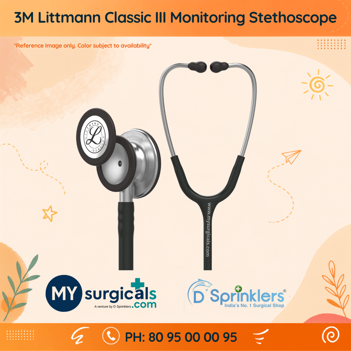 3M Littmann Classic III Monitoring Stethoscope, 5803, More Than 2X as Loud*, Weighs Less**, Stainless Steel Black-Finish Chestpiece, 69 cm (27") Black Tube, Stem and Headset