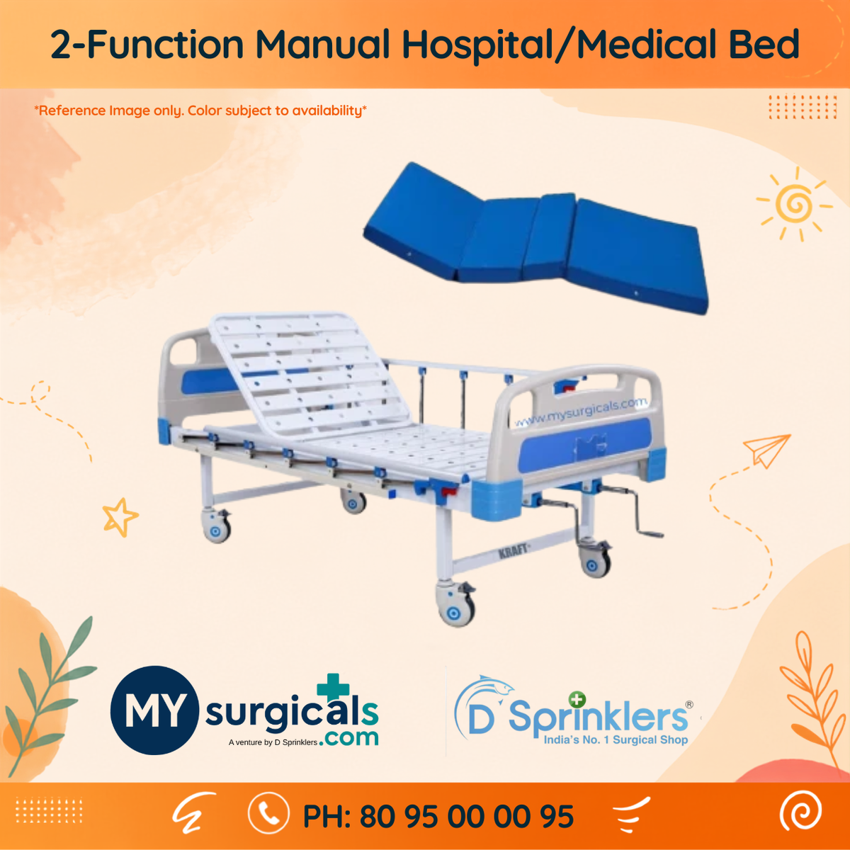 2 Two Function Heavy Duty Manual Hospital/Medical Patient Bed