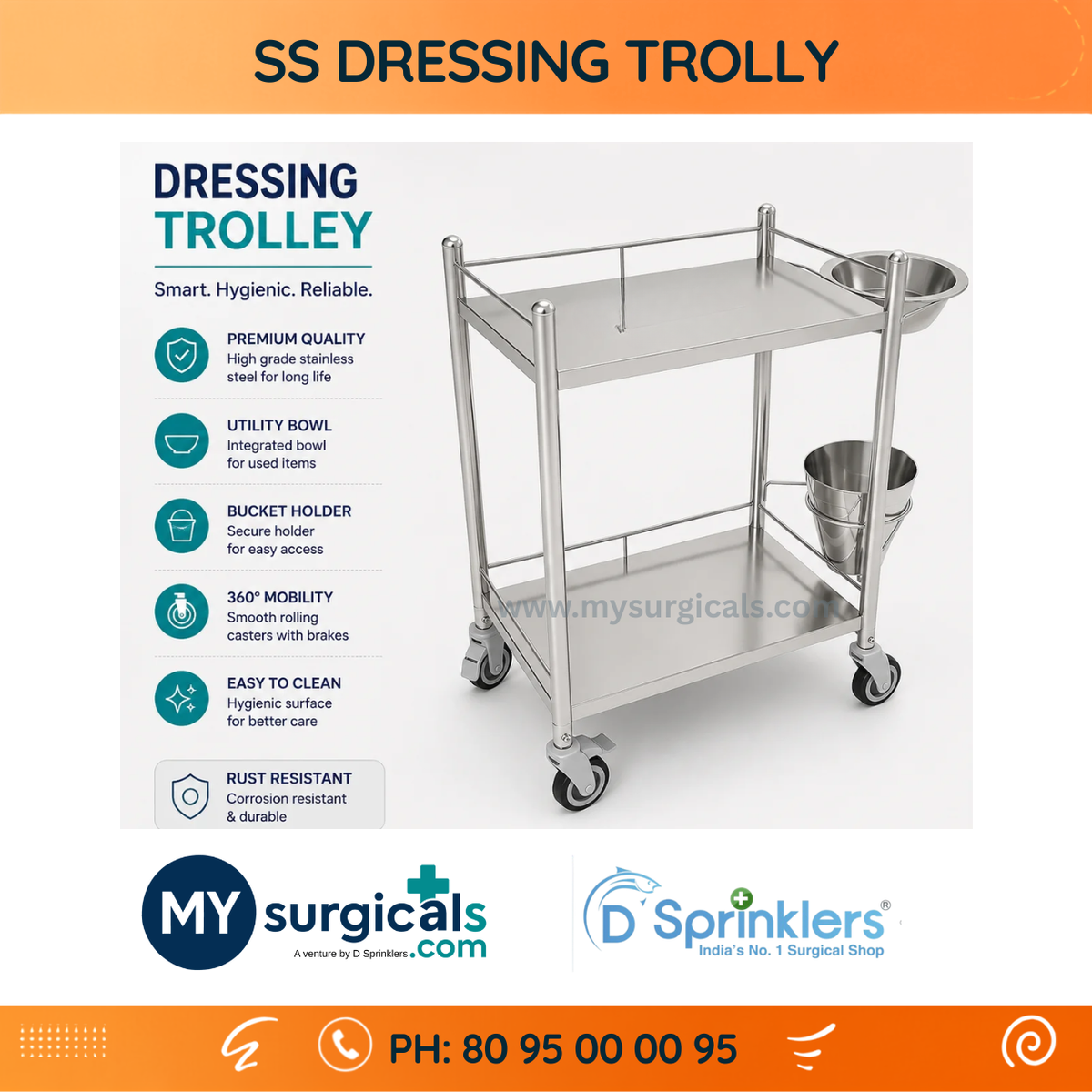 Stainless Steel Dressing Trolley for Clinical Care