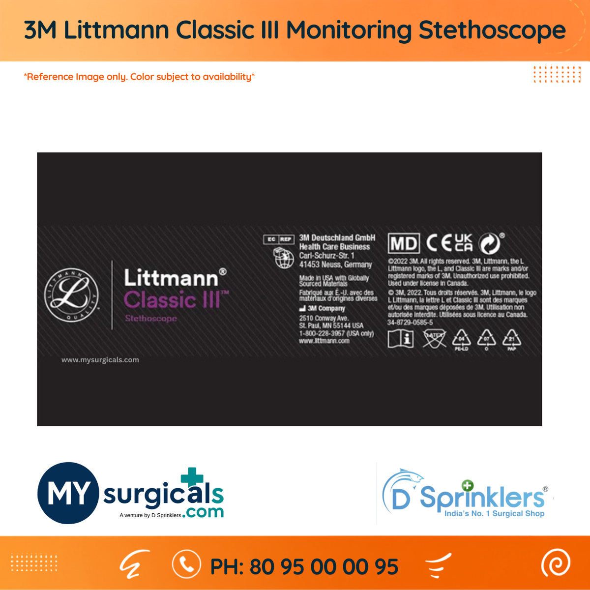 3M Littmann Classic III Monitoring Stethoscope, 5803, More Than 2X as Loud*, Weighs Less**, Stainless Steel Black-Finish Chestpiece, 69 cm (27") Black Tube, Stem and Headset
